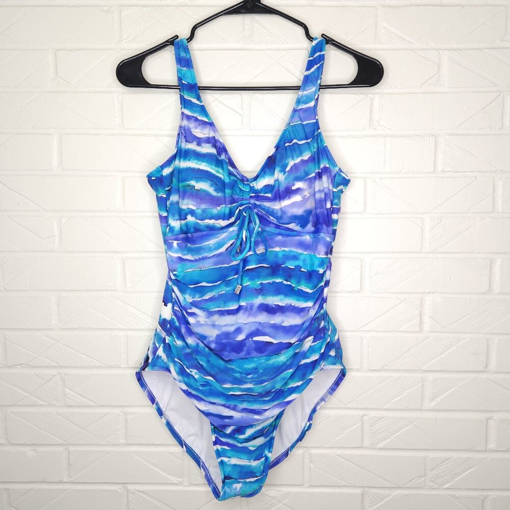 Magicsuit Blue Tie Dye Stripe One Piece Swimsuit Ruched Bust Hi Cut Scoop Back